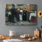 Canvas art print featuring figures gathered indoors kissing religious relic in ceremonial setting, set in a cozy kitchen setting