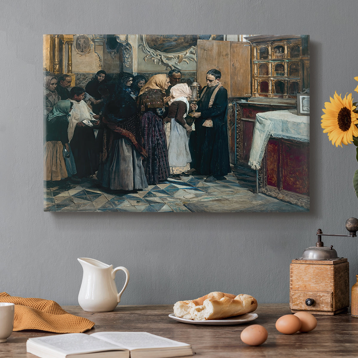Canvas art print featuring figures gathered indoors kissing religious relic in ceremonial setting, set in a cozy kitchen setting