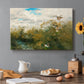 Canvas art print featuring ducks moving through grassy wetland near water's edge, set in a cozy kitchen setting