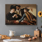 Canvas art print featuring two men cheating at cards while a third figure secretly observes behind them, set in a cozy kitchen setting