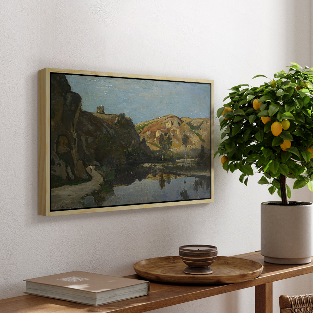 River Landscape with Cliffs, c. 1850-1860 - Floater Framed Canvas Print