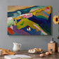 Canvas art print featuring a simplified mountain village scene with church and surrounding hills in bold color, set in a cozy kitchen setting