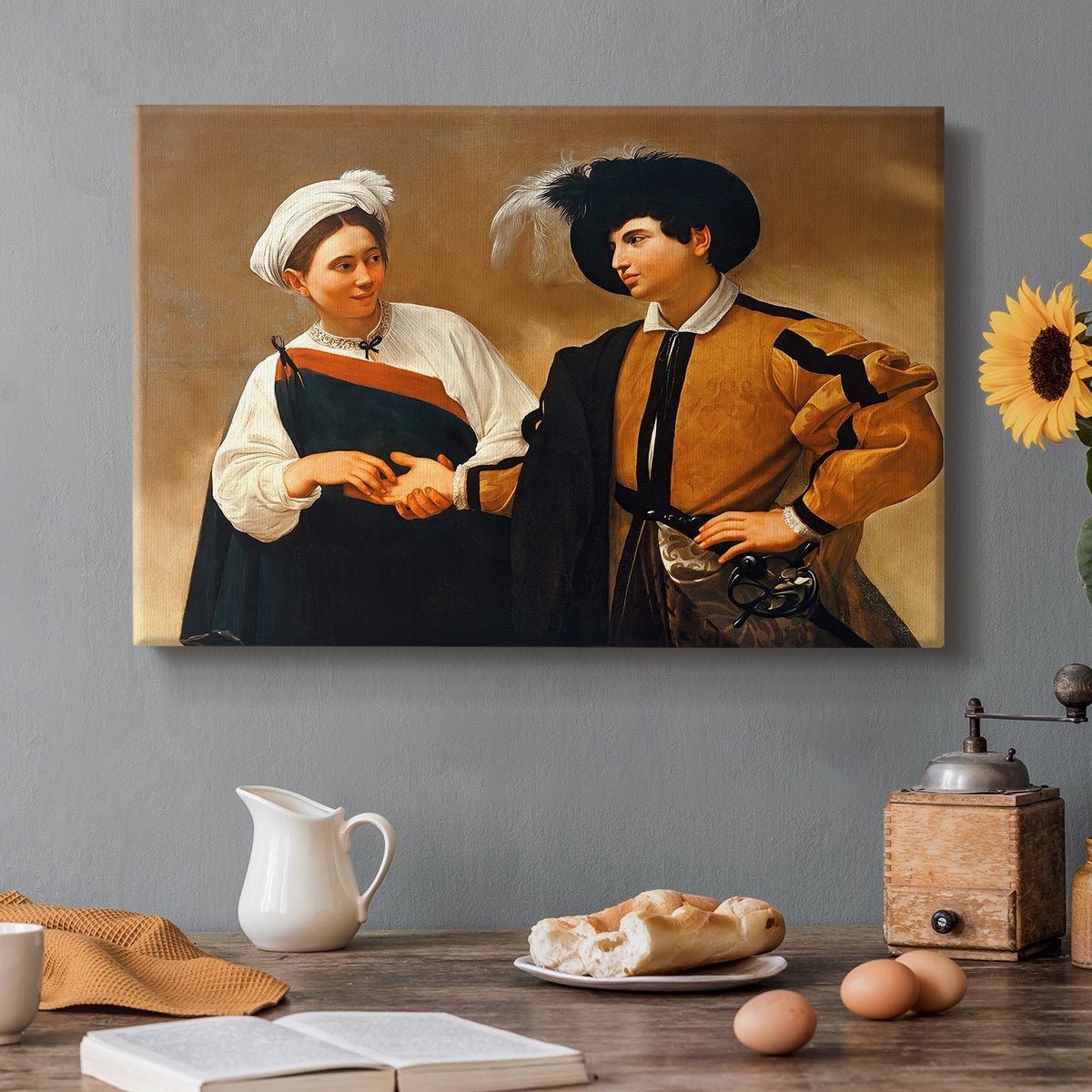 Canvas art print featuring a woman reading man's palm while discreetly removing his ring, set in a cozy kitchen setting