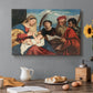 Canvas art print featuring a group of holy figures gathered around Madonna and child in colorful composition, set in a cozy kitchen setting