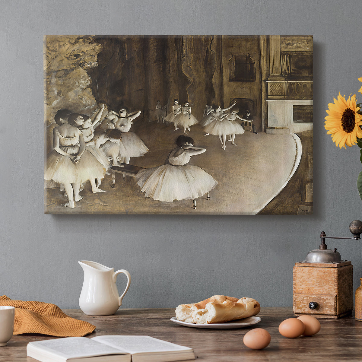 Canvas art print featuring ballerinas rehearsing on stage with set backdrop and lighting, set in a cozy kitchen setting