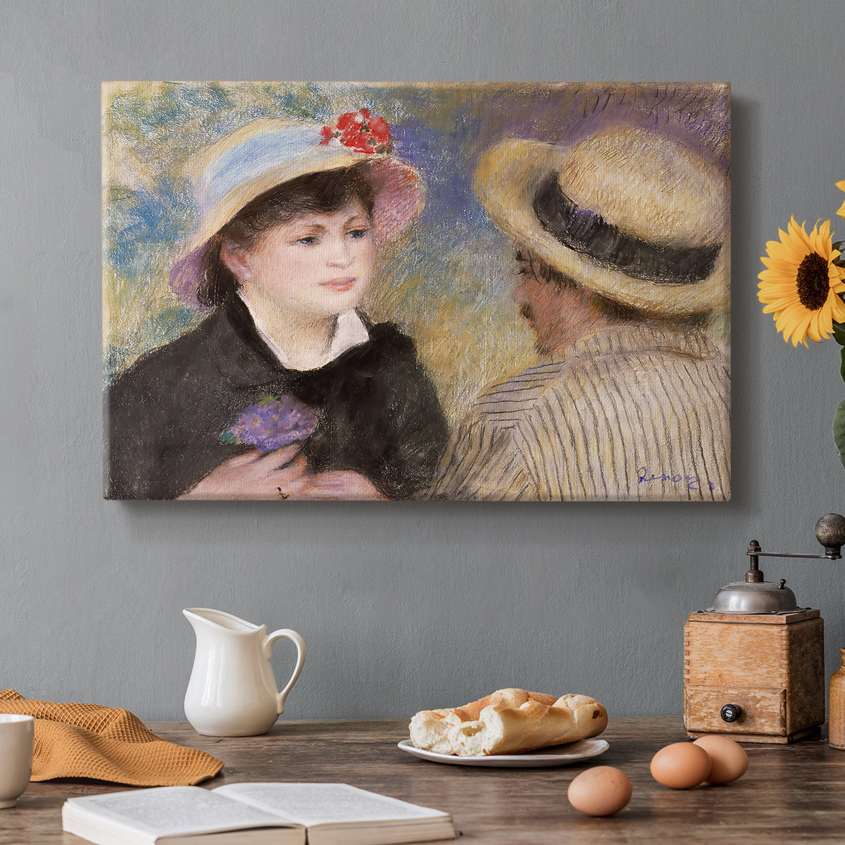 Canvas art print featuring a close-up of a couple seated together outdoors with hats and soft sunlight, set in a cozy kitchen setting