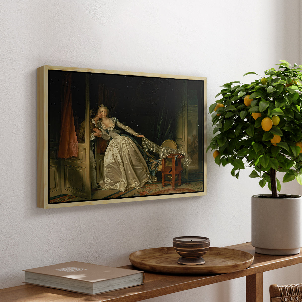 The Stolen Kiss (Le Baiser à la dérobée), c. 1788 - Floater Framed Canvas Print