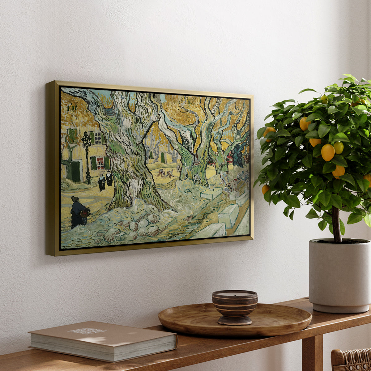 The Large Plane Trees (Road Menders at Saint-Rémy), 1889 - Floater Framed Canvas Print