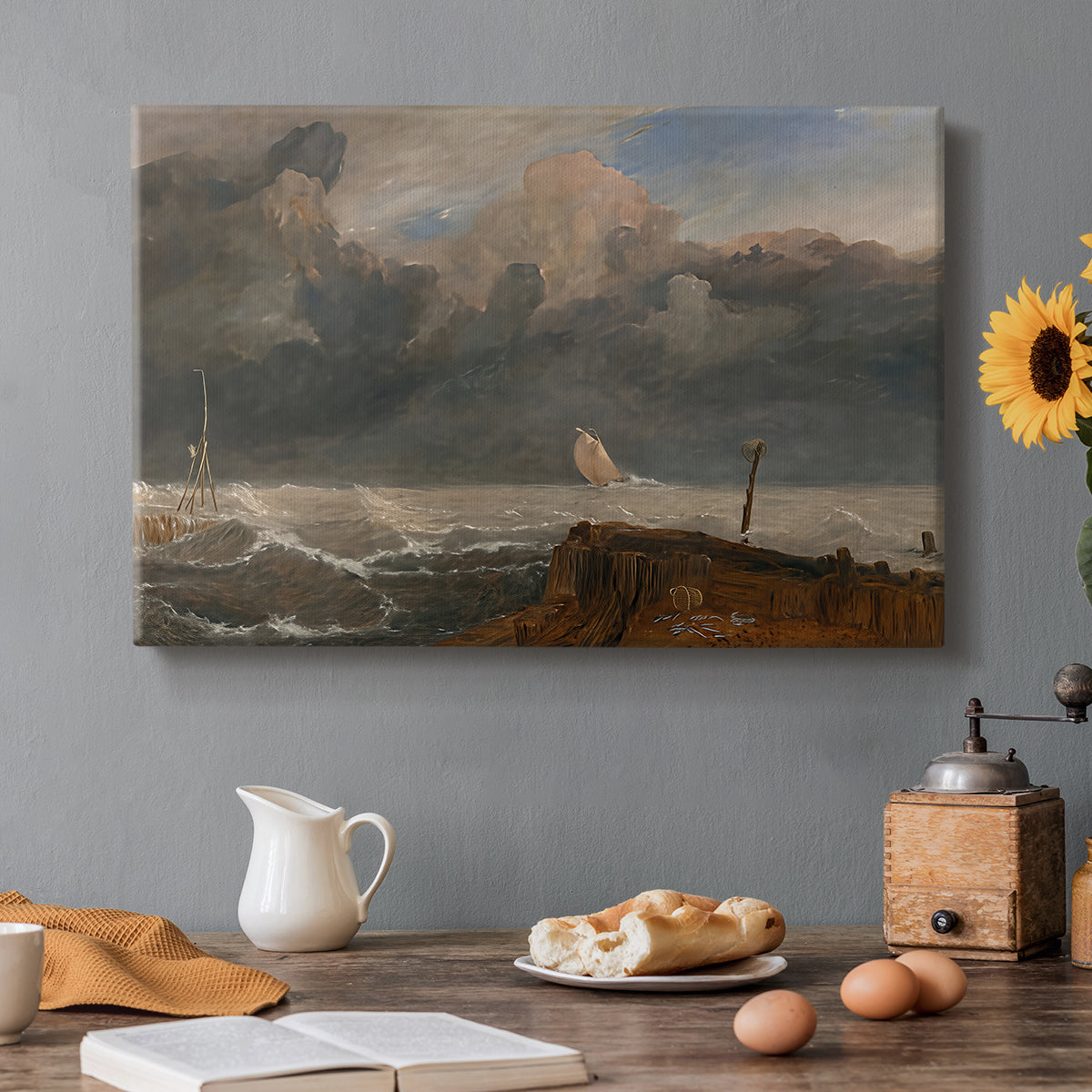 Canvas art print featuring a harbor scene with boats and waterfront structures, set in a cozy kitchen setting