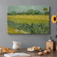 Canvas art print featuring an open field filled with irises stretching across landscape under bright sky, set in a cozy kitchen setting