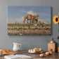 Canvas art print featuring figures and animals along riverbank with desert landscape, set in a cozy kitchen setting