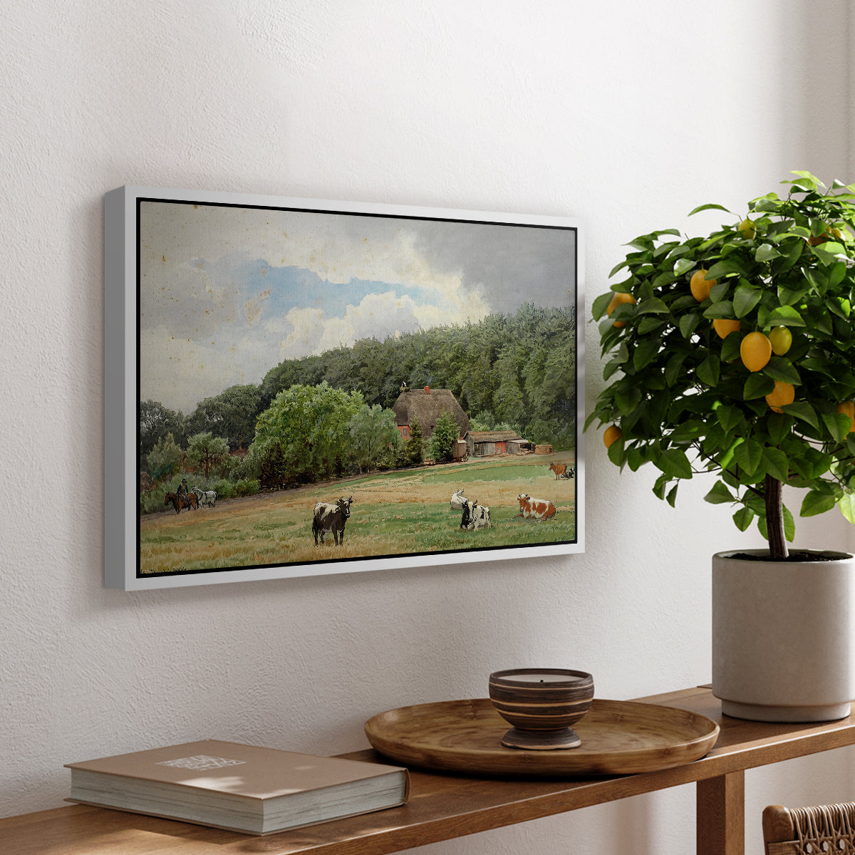 Farm with Grazing Cows (Bondegård med beitende kuer), 1892 - Floater Framed Canvas Print