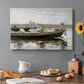 Canvas art print featuring two boys seated in small boat floating on calm water, set in a cozy kitchen setting