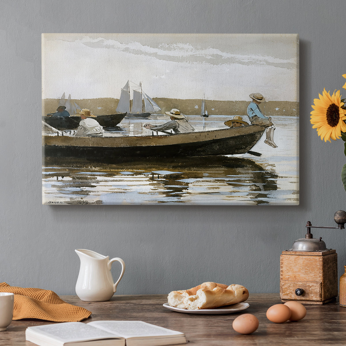 Canvas art print featuring two boys seated in small boat floating on calm water, set in a cozy kitchen setting