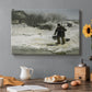 Canvas art print featuring figures walking along snowy path in winter landscape with wind and cold atmosphere, set in a cozy kitchen setting