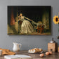 Canvas art print featuring an intimate interior scene with couple sharing a secret kiss, set in a cozy kitchen setting