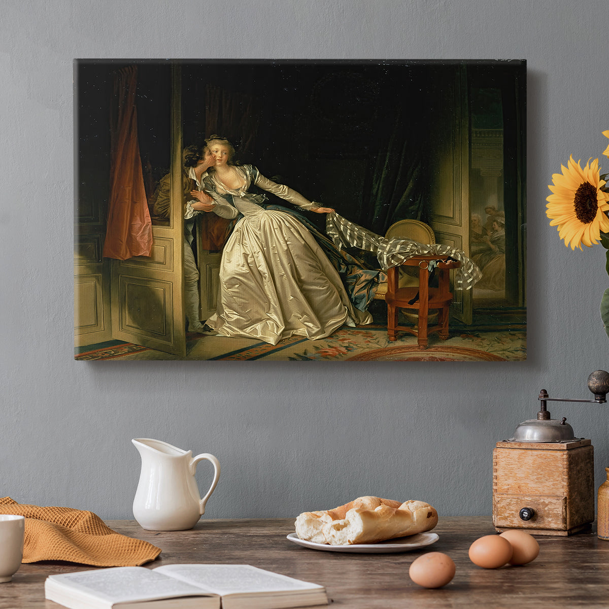 Canvas art print featuring an intimate interior scene with couple sharing a secret kiss, set in a cozy kitchen setting