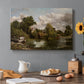 Canvas art print featuring a white horse standing near river within rural landscape, set in a cozy kitchen setting