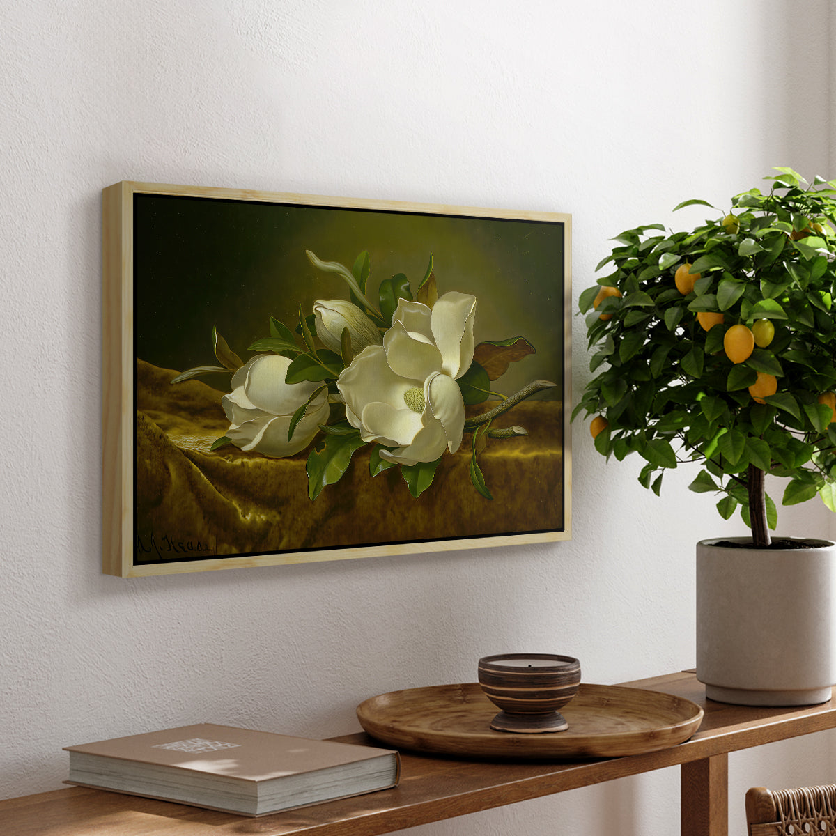 Magnolias on Gold Velvet Cloth, c. 1888-1890 - Floater Framed Canvas Print