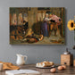 Canvas art print featuring a couple moving through dim interior space with draped fabrics and candlelight, set in a cozy kitchen setting