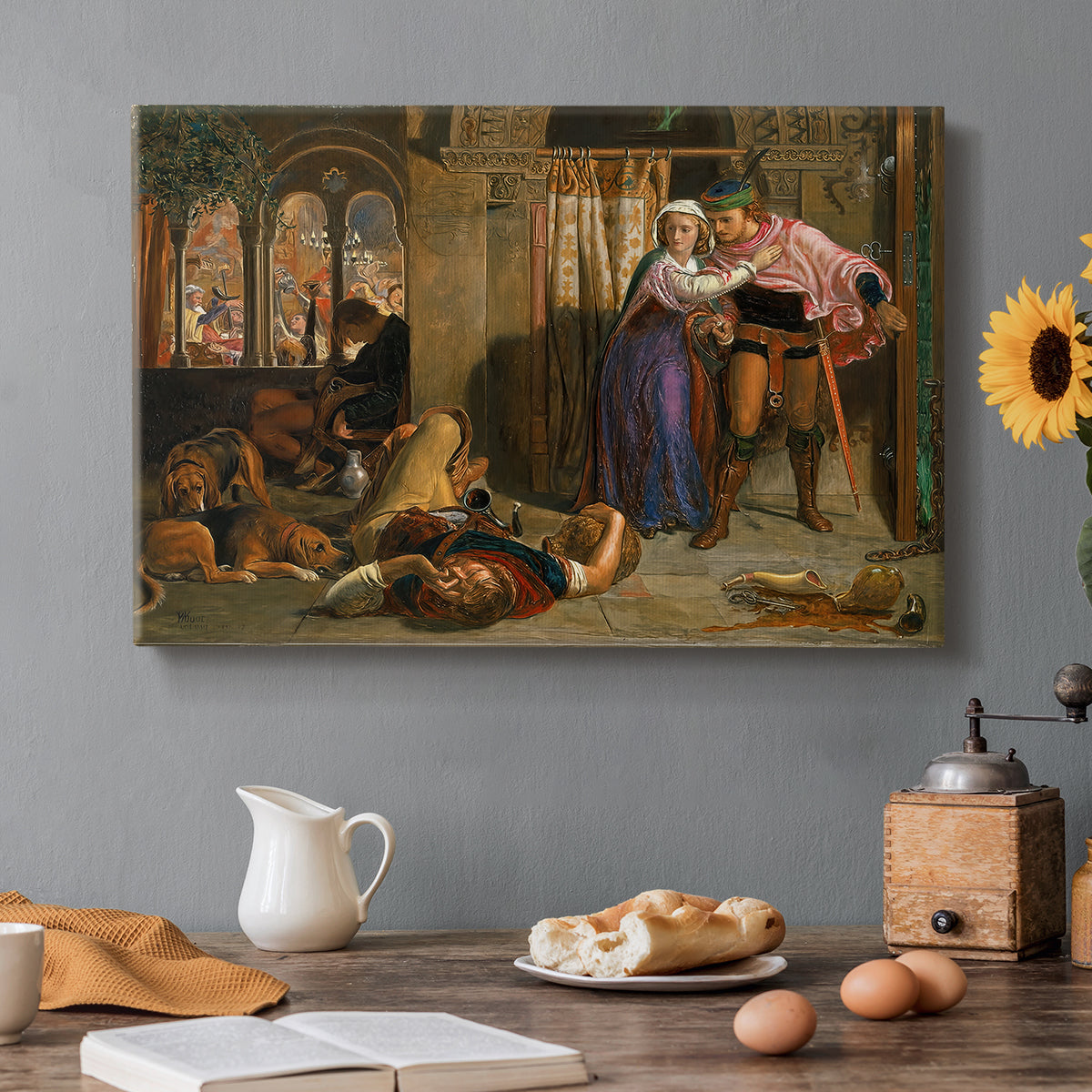 Canvas art print featuring a couple moving through dim interior space with draped fabrics and candlelight, set in a cozy kitchen setting