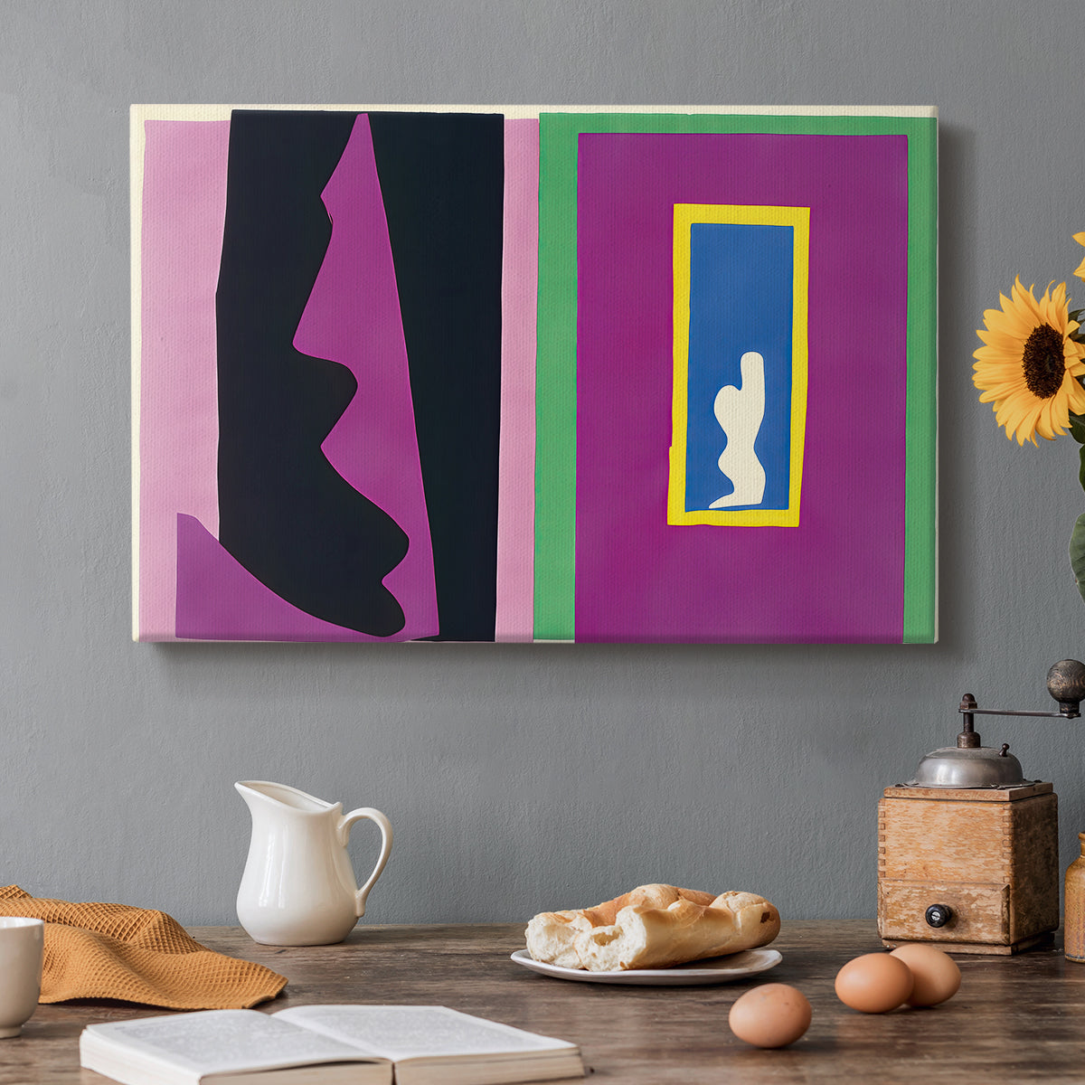 Canvas art print featuring an abstract collage with cut-out shapes forming symbolic composition, set in a cozy kitchen setting