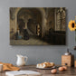Canvas art print featuring a large church interior with arches, columns, and figures beneath vaulted ceiling, set in a cozy kitchen setting