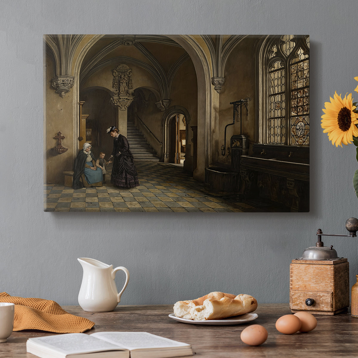 Canvas art print featuring a large church interior with arches, columns, and figures beneath vaulted ceiling, set in a cozy kitchen setting