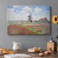 Canvas art print featuring colorful rows of tulip fields leading toward distant windmill, set in a cozy kitchen setting
