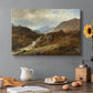 Canvas art print featuring a rugged mountain terrain with valley and distant peaks under open sky, set in a cozy kitchen setting