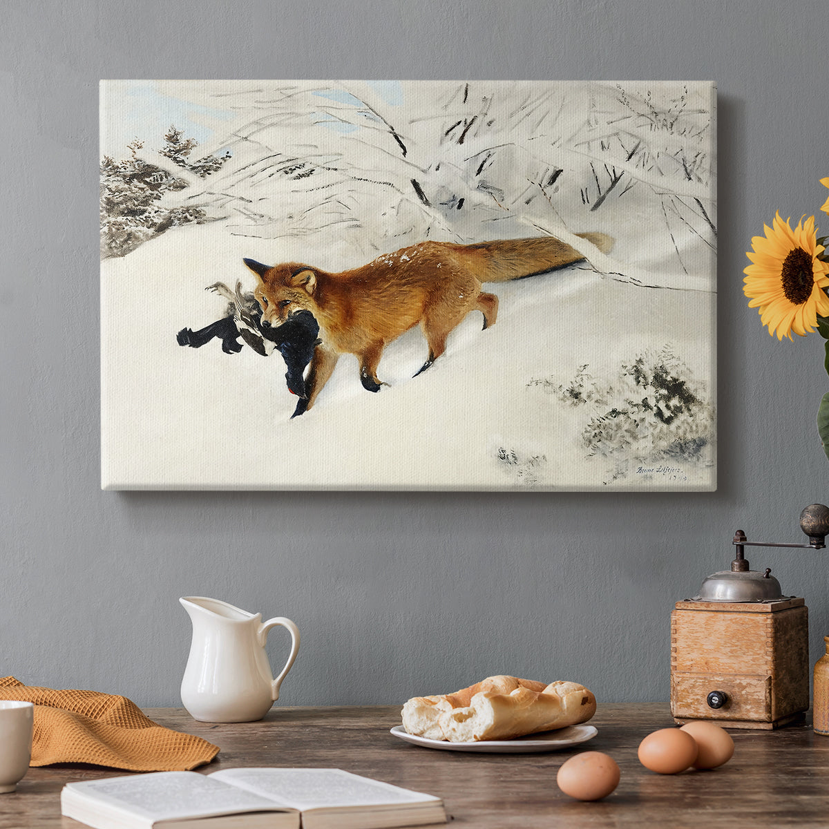 Canvas art print featuring a fox running across snowy landscape with sparse vegetation, set in a cozy kitchen setting