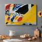 Canvas art print featuring an abstract composition dominated by dark forms and bright yellow field suggesting musical performance, set in a cozy kitchen setting