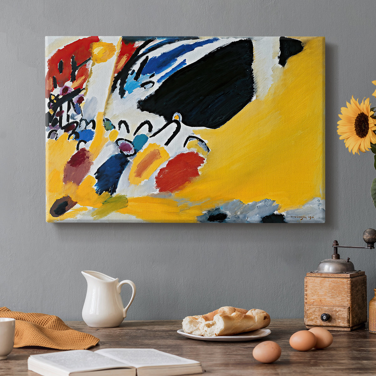 Canvas art print featuring an abstract composition dominated by dark forms and bright yellow field suggesting musical performance, set in a cozy kitchen setting