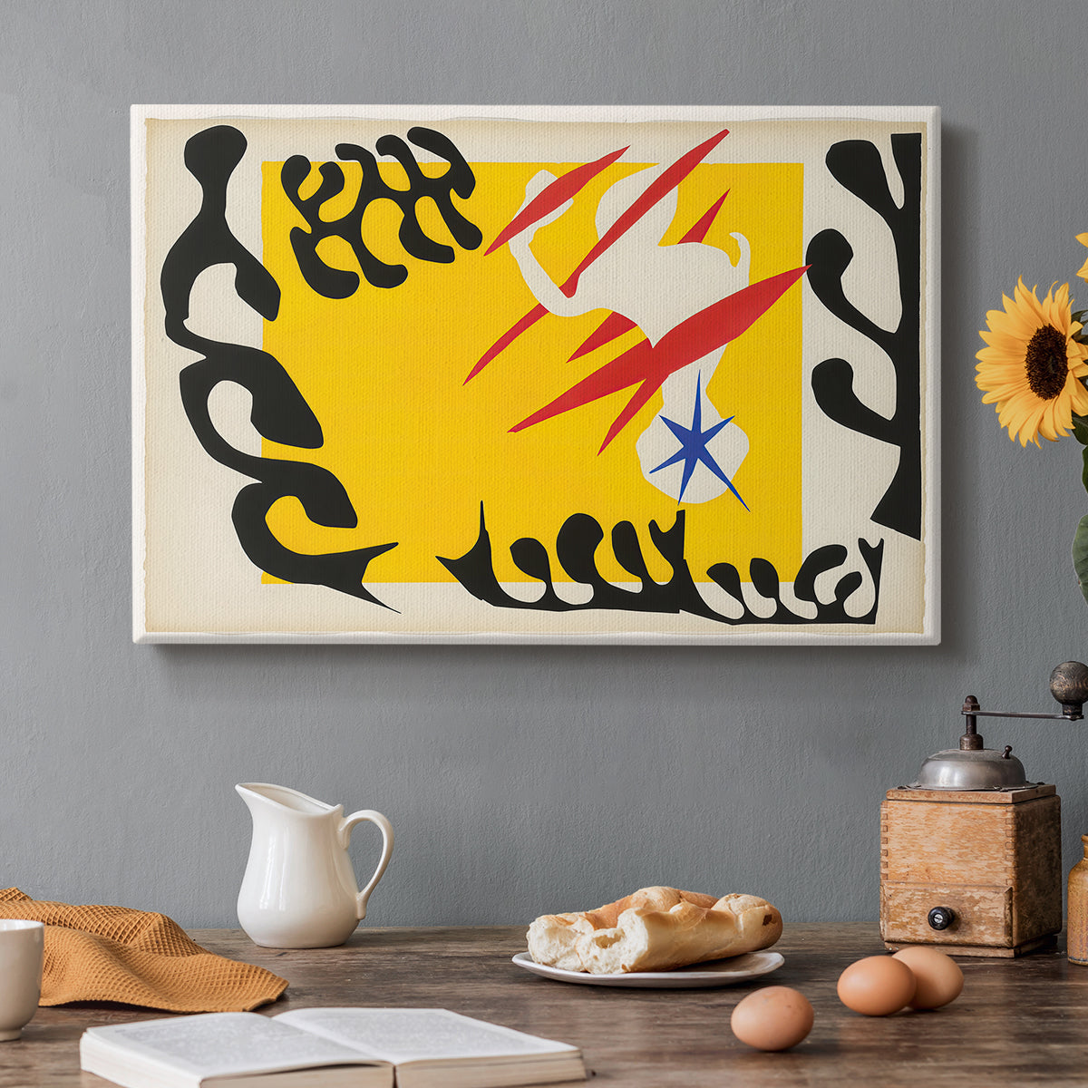 Canvas art print featuring an abstract cut-out composition suggesting an elephant, set in a cozy kitchen setting