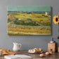 Canvas art print featuring an expansive farmland with workers harvesting crops under bright sky, set in a cozy kitchen setting