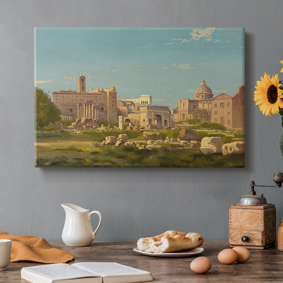 Canvas art print featuring ancient ruins of Roman Forum with architectural structures and open sky, set in a cozy kitchen setting