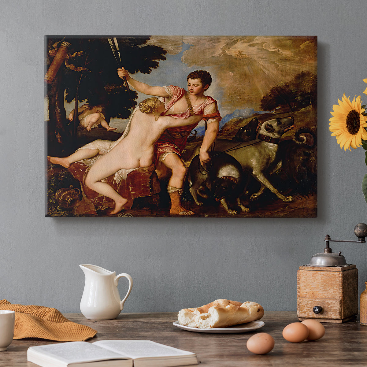 Canvas art print featuring a mythological couple in dramatic embrace as Adonis prepares to depart, set in a cozy kitchen setting