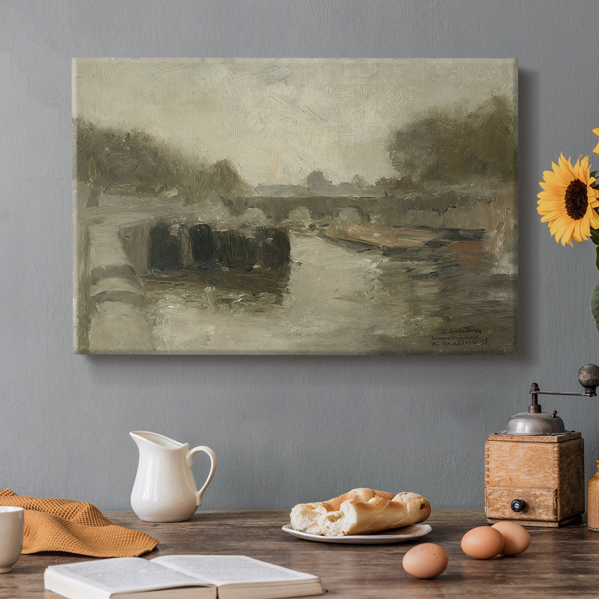 Canvas art print featuring a hazy bridge over water in a muted atmospheric landscape, set in a cozy kitchen setting