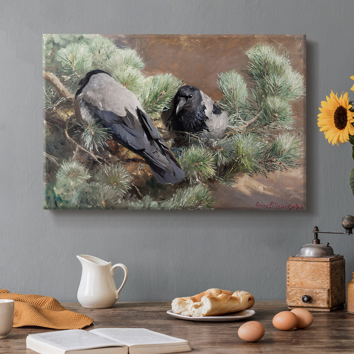 Canvas art print featuring two crows perched on ground among grass and earth tones, set in a cozy kitchen setting
