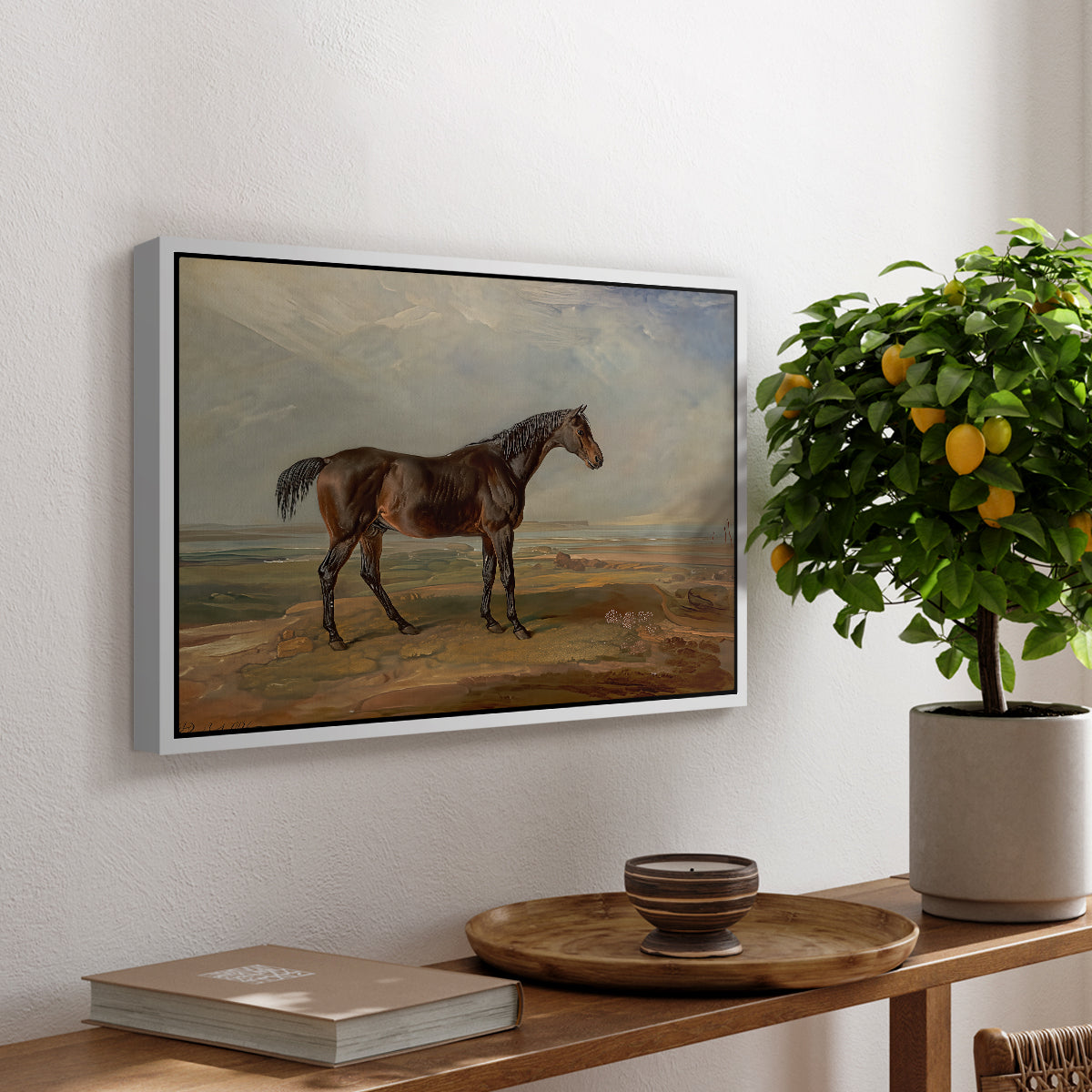 Dr. Syntax, a Bay Racehorse, Standing in a Coastal Landscape, an Estuary Beyond, c. 1820 - Floater Framed Canvas Print