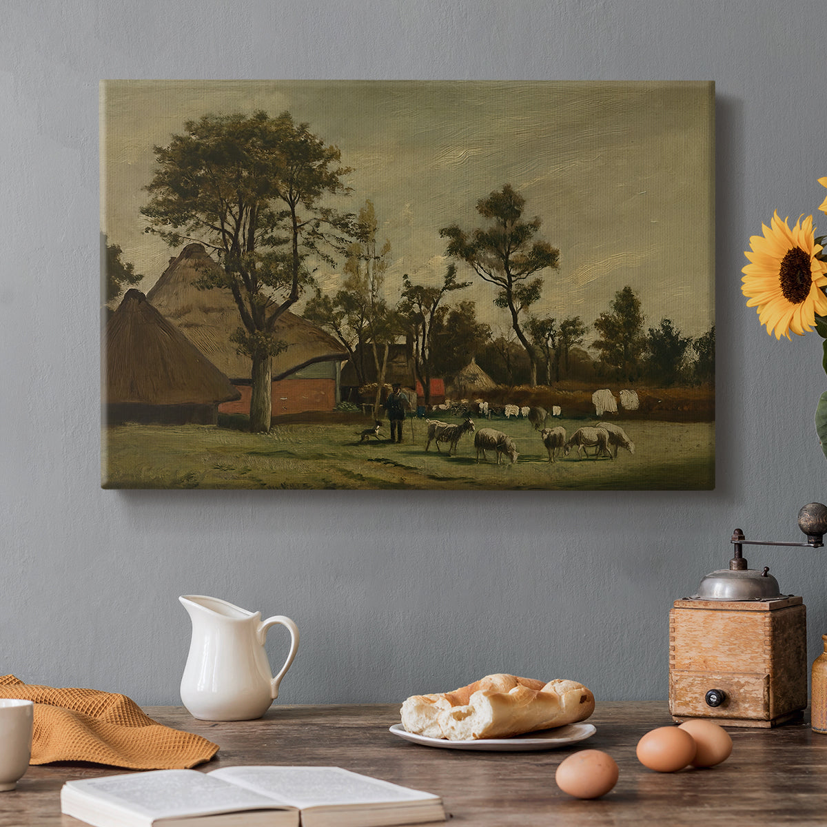 Canvas art print featuring a farmhouse with animals and open rural surroundings under soft sky, set in a cozy kitchen setting