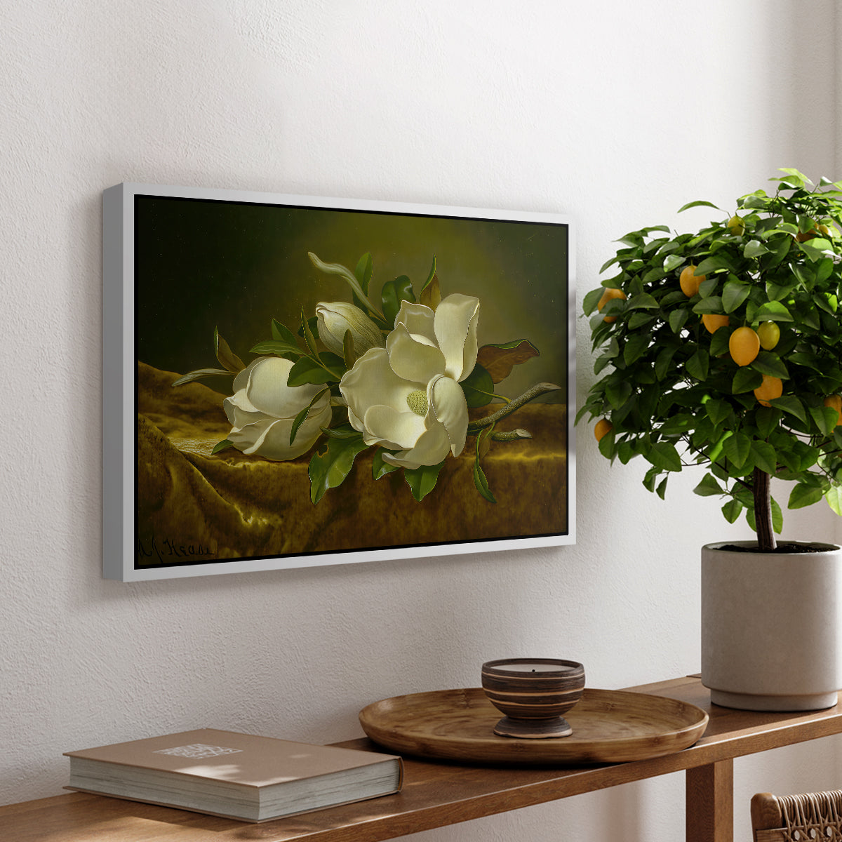 Magnolias on Gold Velvet Cloth, c. 1888-1890 - Floater Framed Canvas Print
