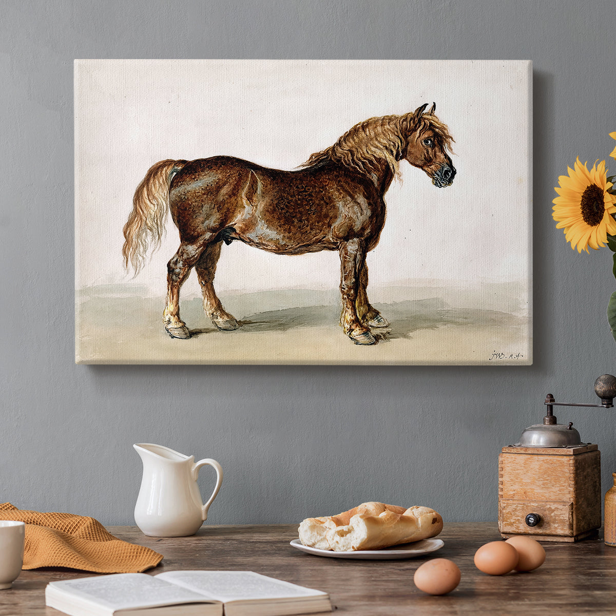 Canvas art print featuring a sturdy cart horse standing in profile against plain background, set in a cozy kitchen setting