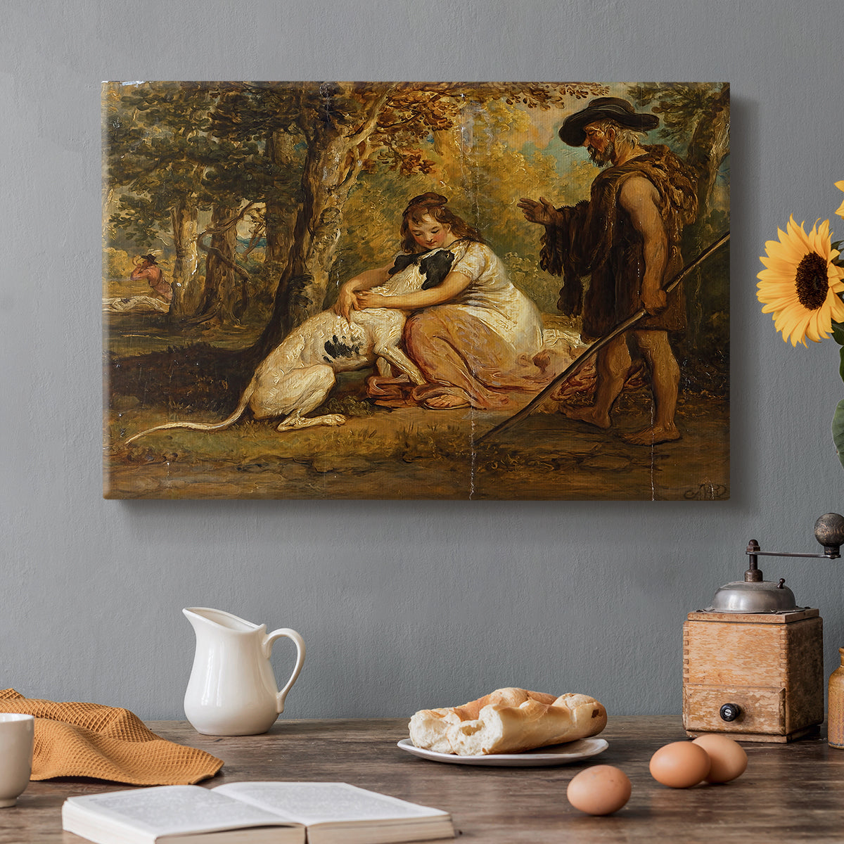 Canvas art print featuring dogs confronting each other in dramatic outdoor scene, set in a cozy kitchen setting