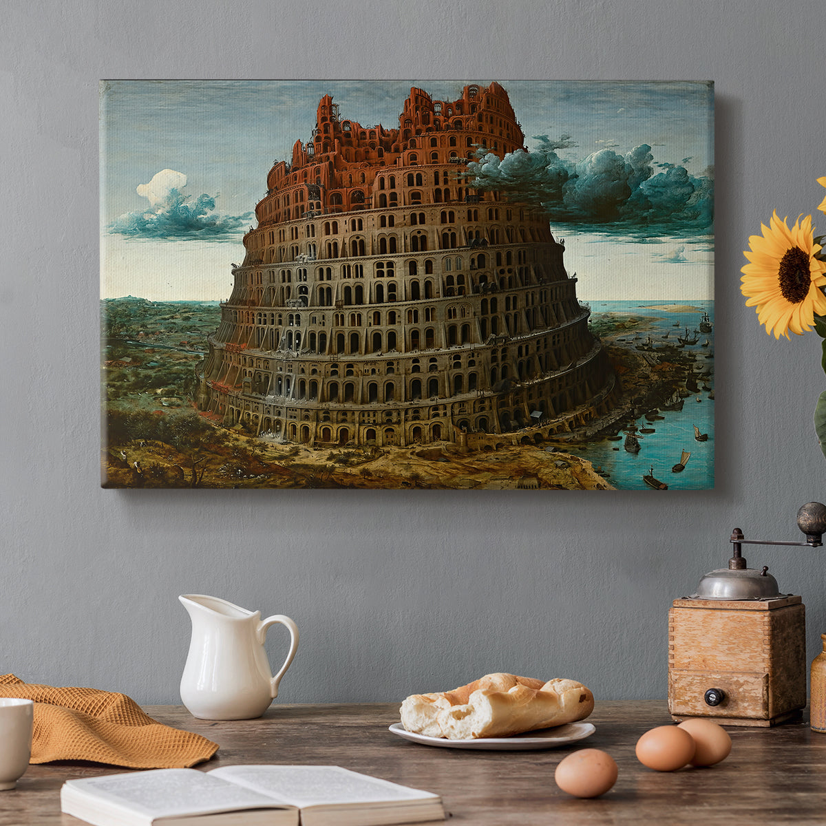 Canvas art print featuring a massive tower under construction rising above landscape, set in a cozy kitchen setting