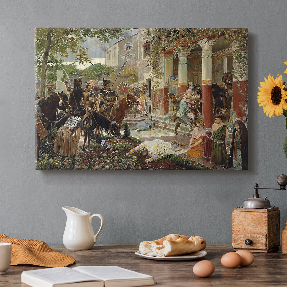 Canvas art print featuring a chaotic battle scene with mounted warriors charging across landscape, set in a cozy kitchen setting