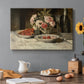 Canvas art print featuring a still life with strawberries, glassware, and bottle arranged on table, set in a cozy kitchen setting