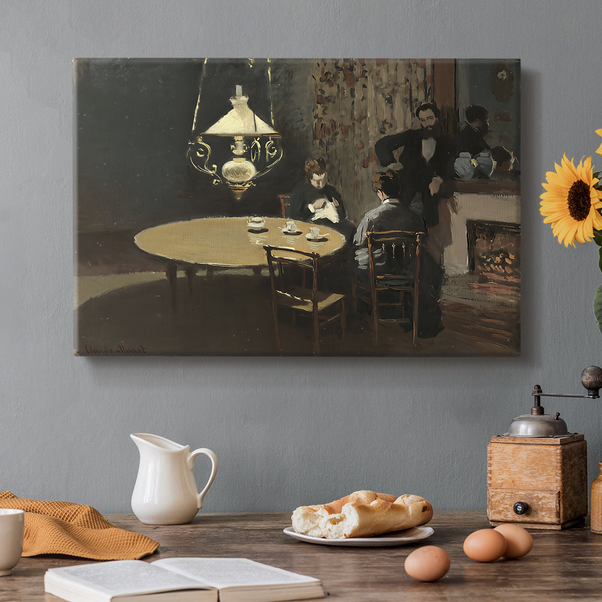 Canvas art print featuring a dimly lit interior with table setting and figure seated after meal, set in a cozy kitchen setting