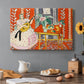 Canvas art print featuring a seated figure with a lute in a decorative interior, set in a cozy kitchen setting