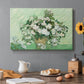 Canvas art print featuring a cluster of roses arranged in soft still life with light background, set in a cozy kitchen setting